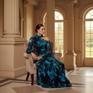 Xscape Size 8 One‑Shoulder Blue Floral Gown NWT Zip Closure